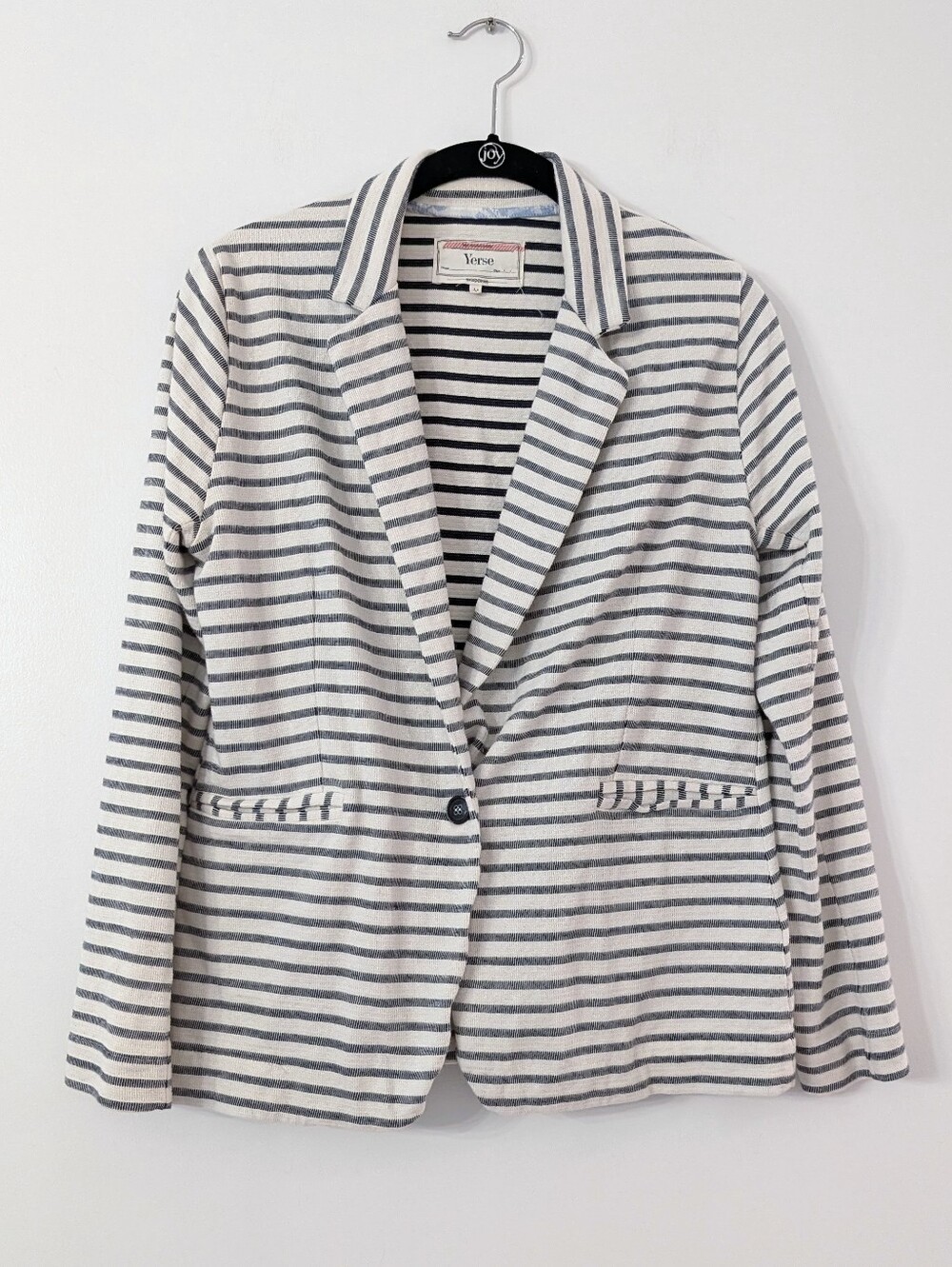 Yerse Blue & White Striped Cotton Blazer Jacket Size M Knit Cardigan Blazer